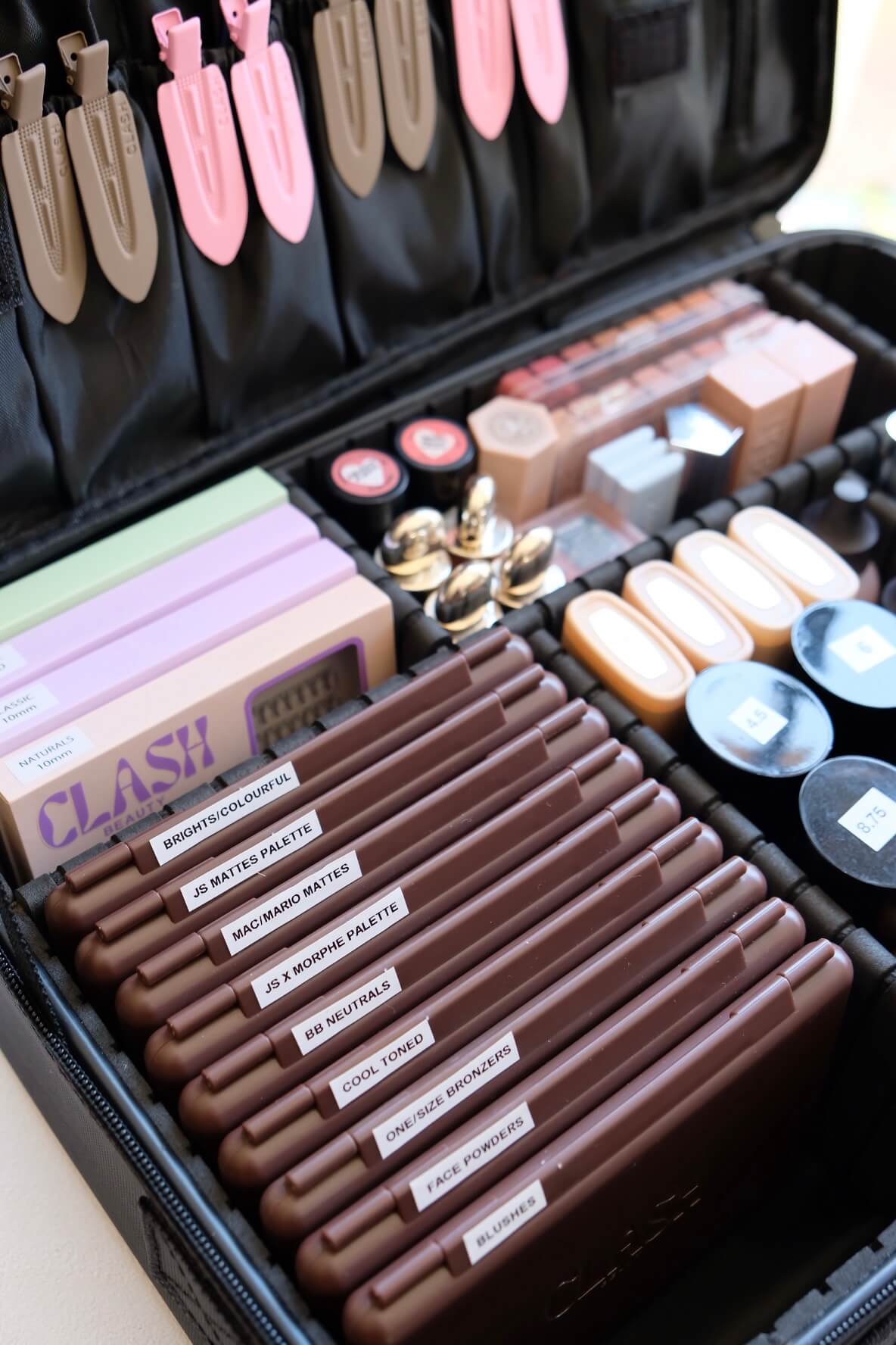 Clash Beauty Empty Double Sided Magnetic Makeup Palette in a row in a Professional Makeup Artist Case Kit with Other Makeup organised in makeup bag 