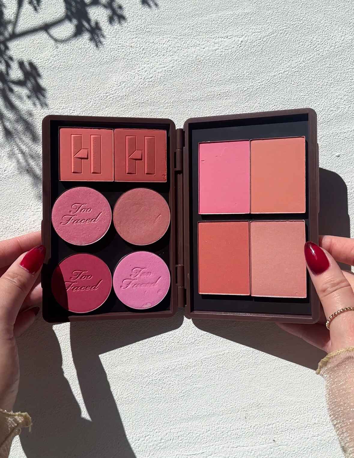 Clash Beauty Matte Chocolate Brown Double Sided Empty Eyeshadow Magnetic Makeup Palette for Makeup Artists. Filled with Nars, Too Faced and Haus Labs Blushes. 