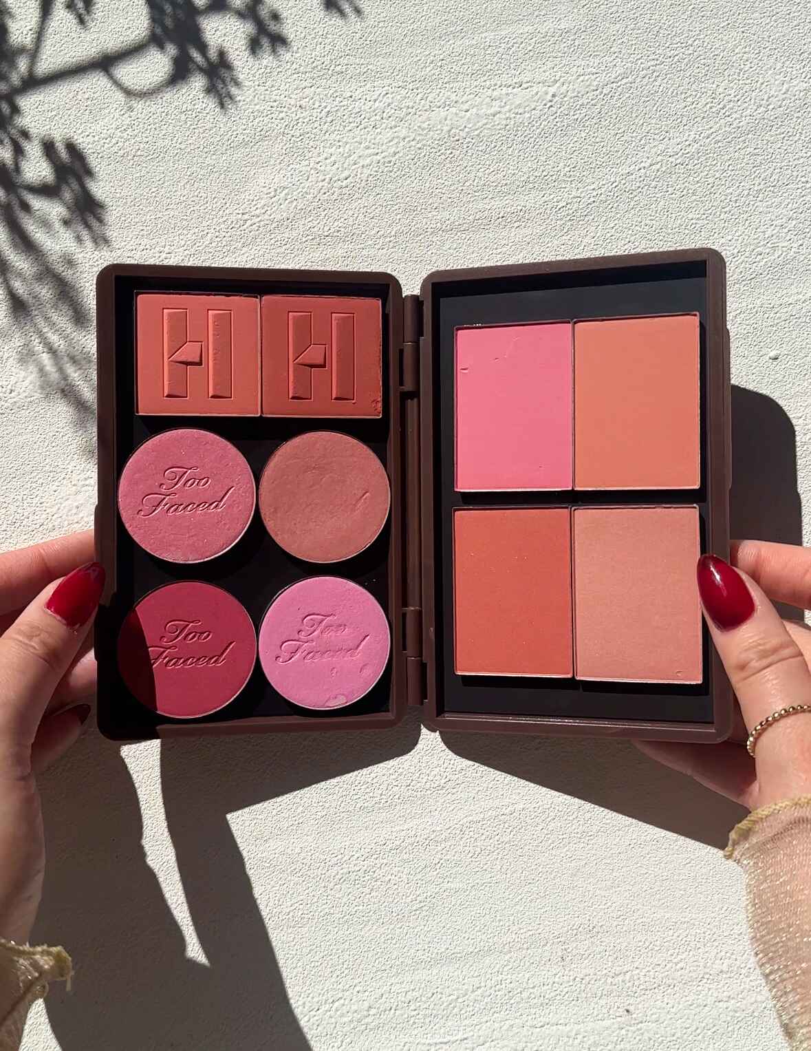 Clash Beauty Matte Chocolate Brown Double Sided Empty Eyeshadow Magnetic Makeup Palette for Makeup Artists. Filled with Nars, Too Faced and Haus Labs Blushes.