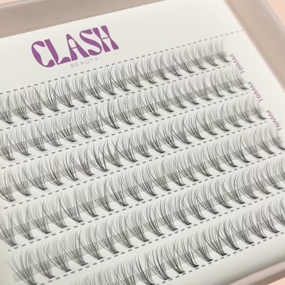 Close up image of Clash Beauty individual lashes. Naturals style 10D density, recyclable eco-friendly packaging in value pack large box