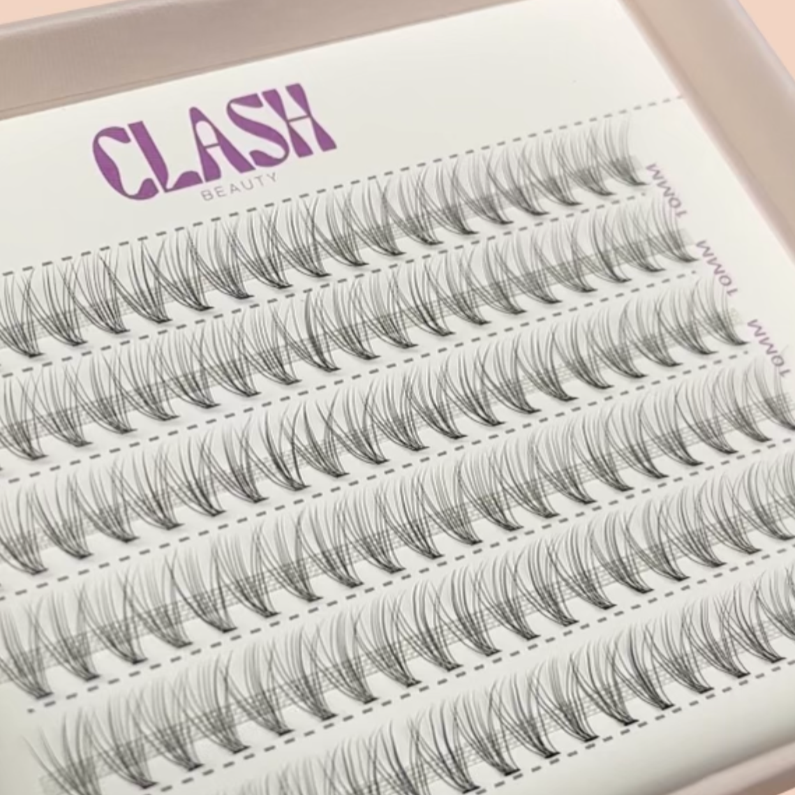 Close up image of Clash Beauty individual lashes. Naturals style 10D density, recyclable eco-friendly packaging in medium box