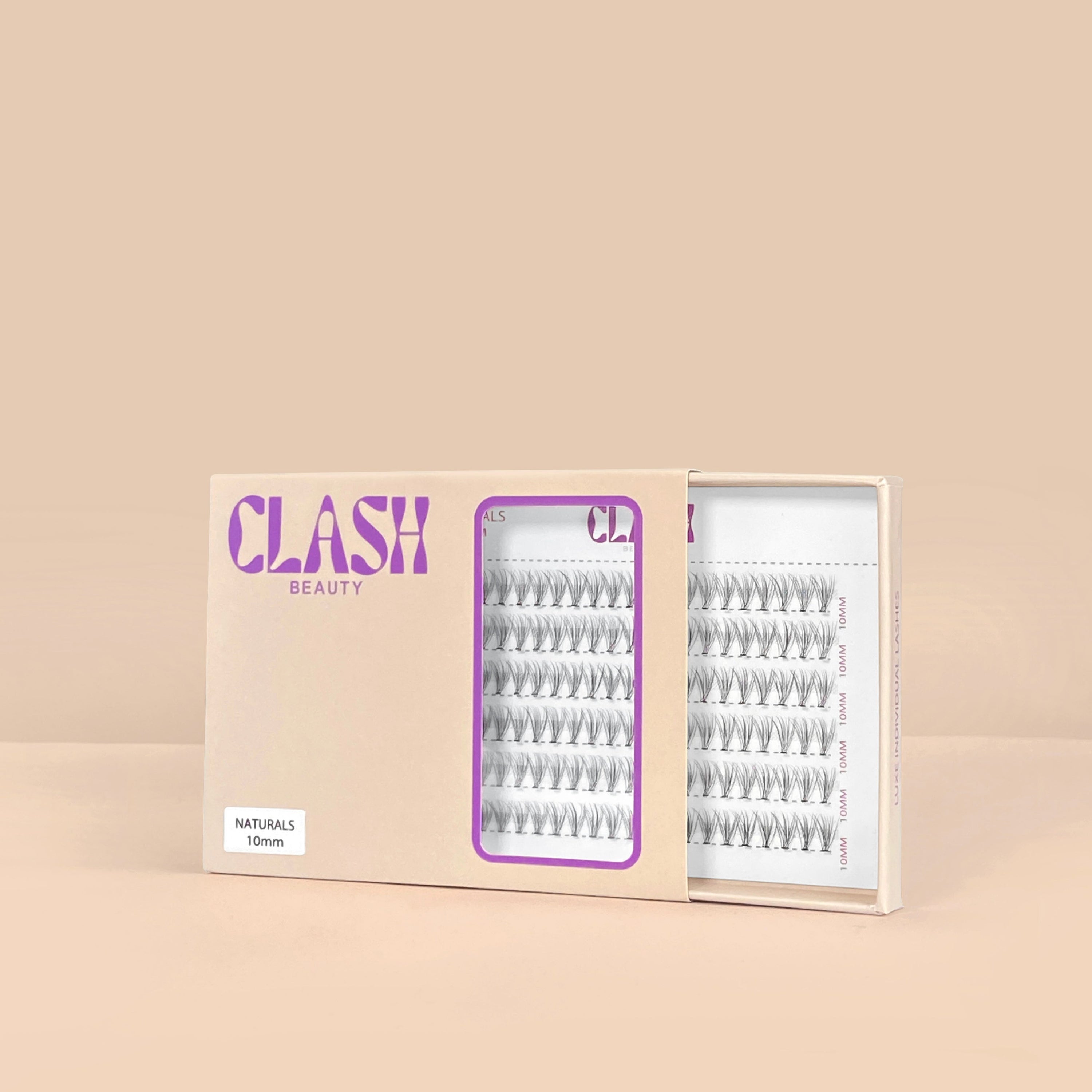 Clash Beauty Luxe Individual Lashes in Naturals style, C curl, 10D density, eco-friendly recyclable packaging. Medium box.