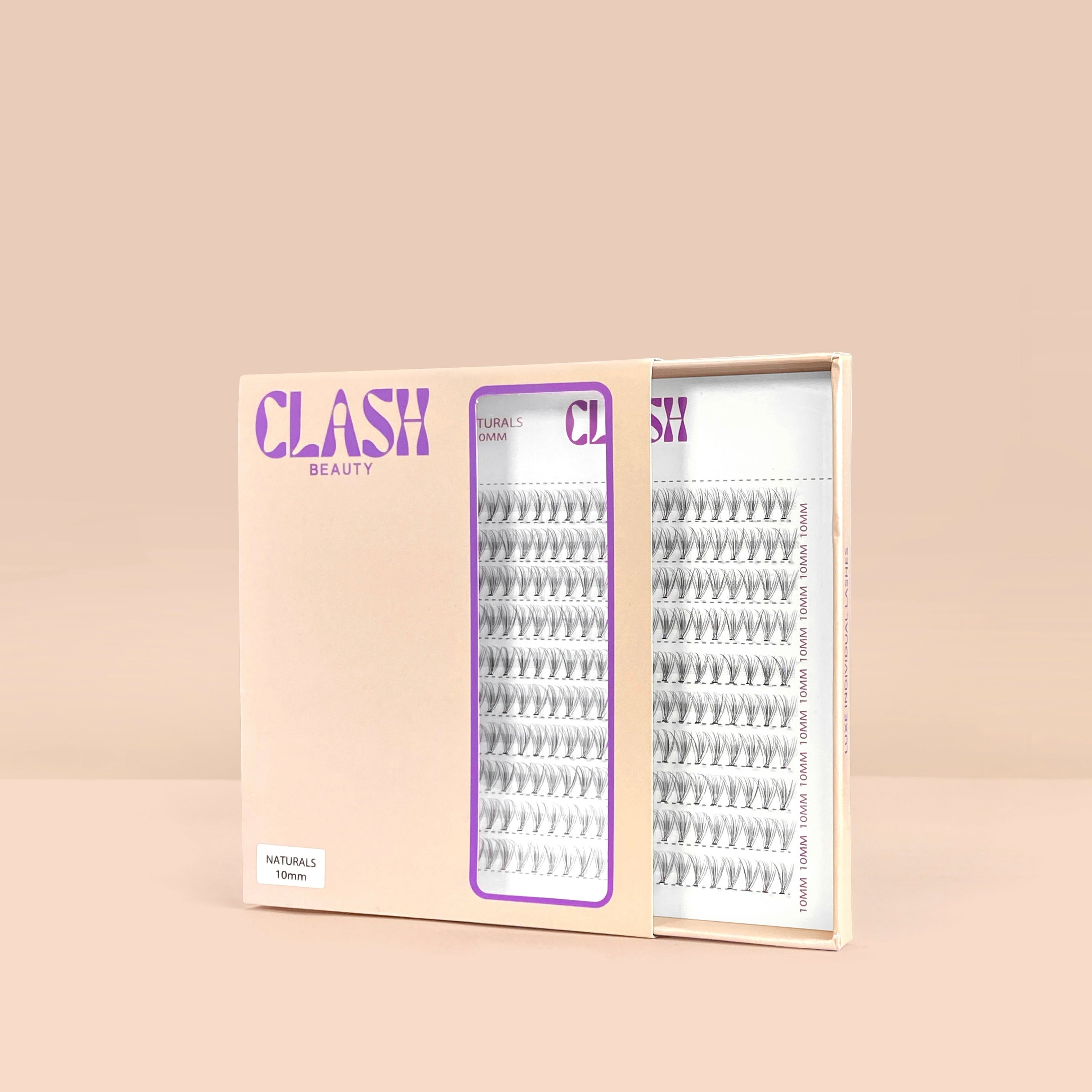 Clash Beauty Luxe Individual Lashes in Naturals style, C curl, 10D density, eco-friendly recyclable packaging. Value size Large box.