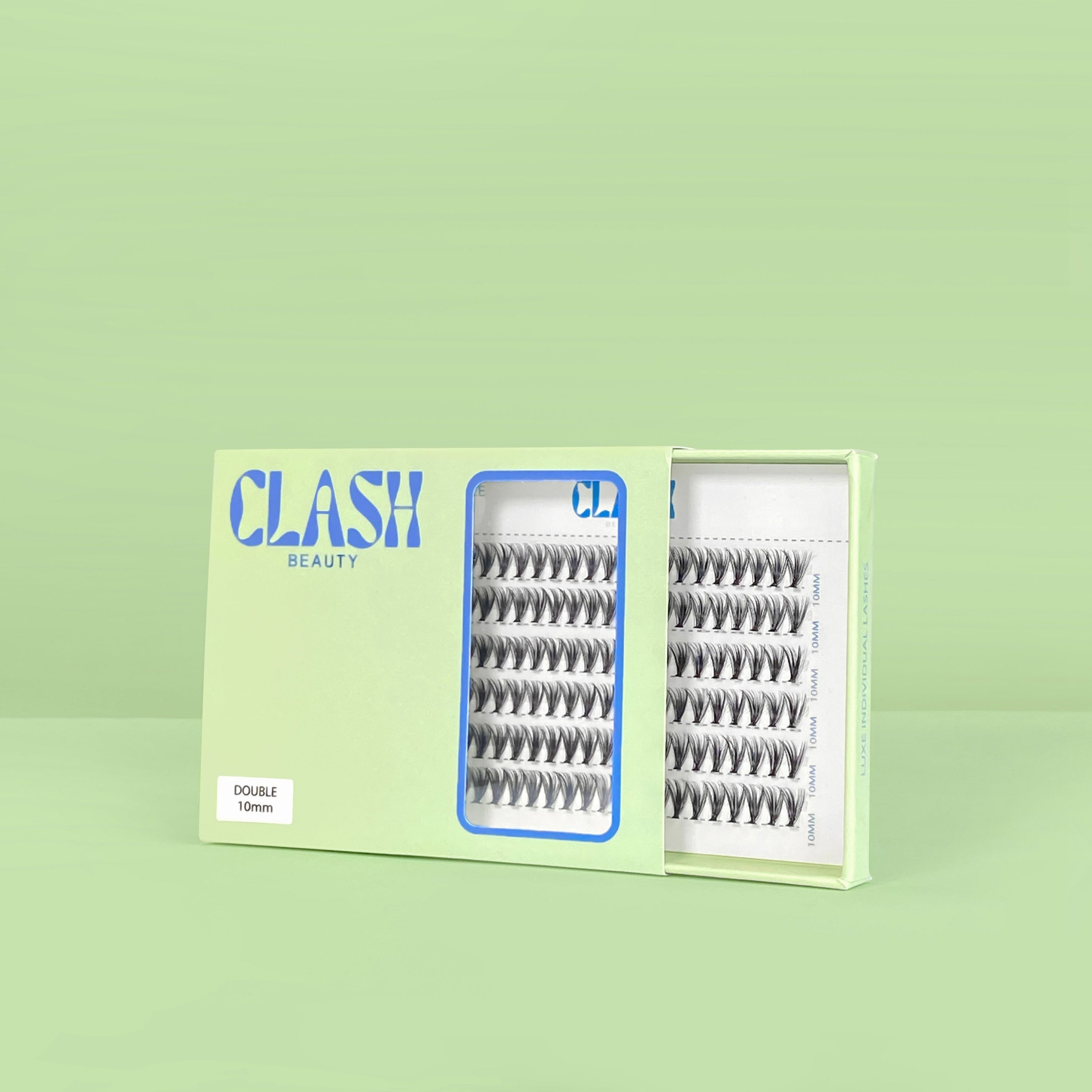 Clash Beauty Luxe Individual Lashes in Double style, C curl, 30D density, eco-friendly recyclable packaging. Medium size box.